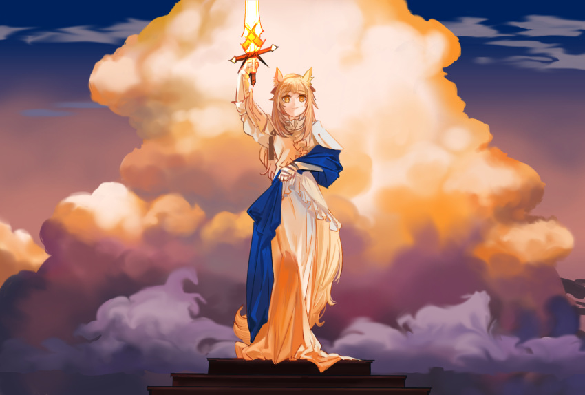 1girl animal_ears arknights arm_up bangs blemishine_(arknights) blonde_hair chinese_commentary clouds columbia_pictures commentary_request dress full_body highres holding holding_sword holding_weapon long_hair looking_at_viewer mush outdoors parody shawl smile solo standing sword weapon white_dress yellow_eyes