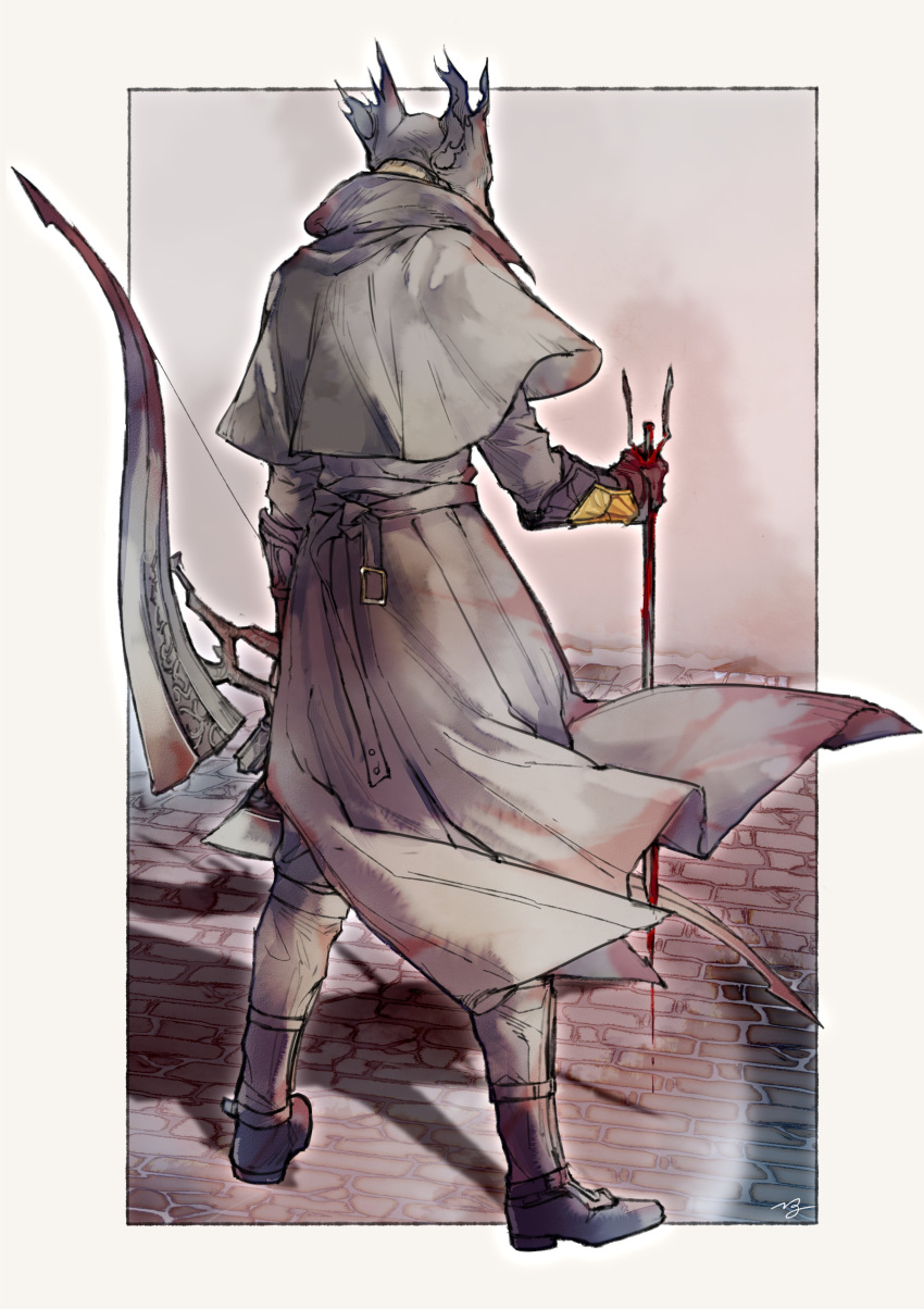 1boy absurdres arrow_(projectile) blonde_hair blood bloodborne boots bow_(weapon) cloak coat dripping floor gloves hat highres holding holding_weapon hunter_(bloodborne) male_focus ngr_(nnn204204) solo tricorne weapon