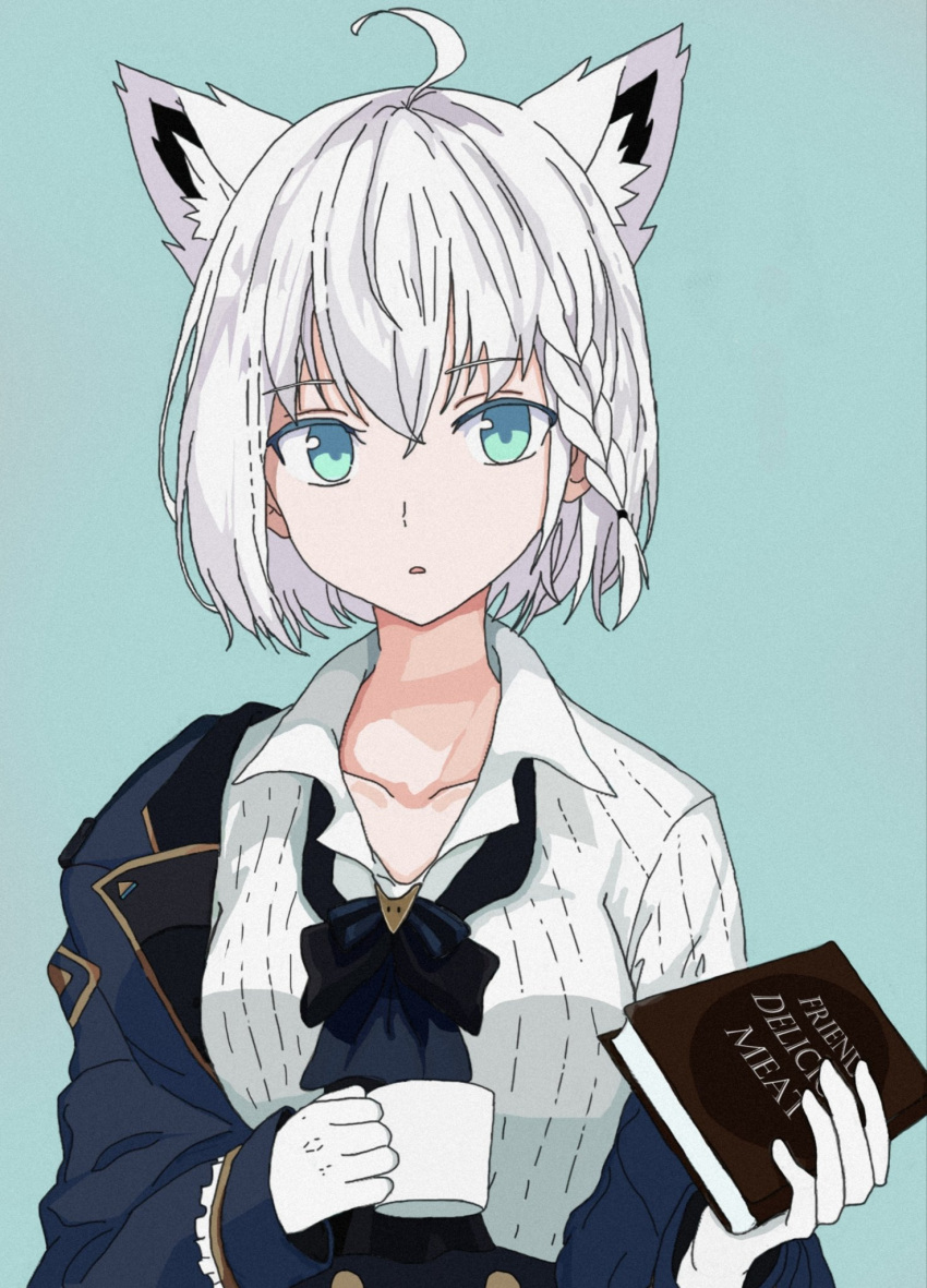 1girl 2wo_(htwod_) :o ahoge animal_ear_fluff animal_ears aqua_background bangs blue_jacket book breasts collarbone cup eyebrows_visible_through_hair fox_ears fox_girl gloves green_eyes hair_between_eyes highres holding holding_book holding_cup hololive jacket long_sleeves looking_at_viewer medium_breasts off_shoulder open_clothes open_jacket shirakami_fubuki shirt short_hair simple_background solo virtual_youtuber white_gloves white_hair white_shirt