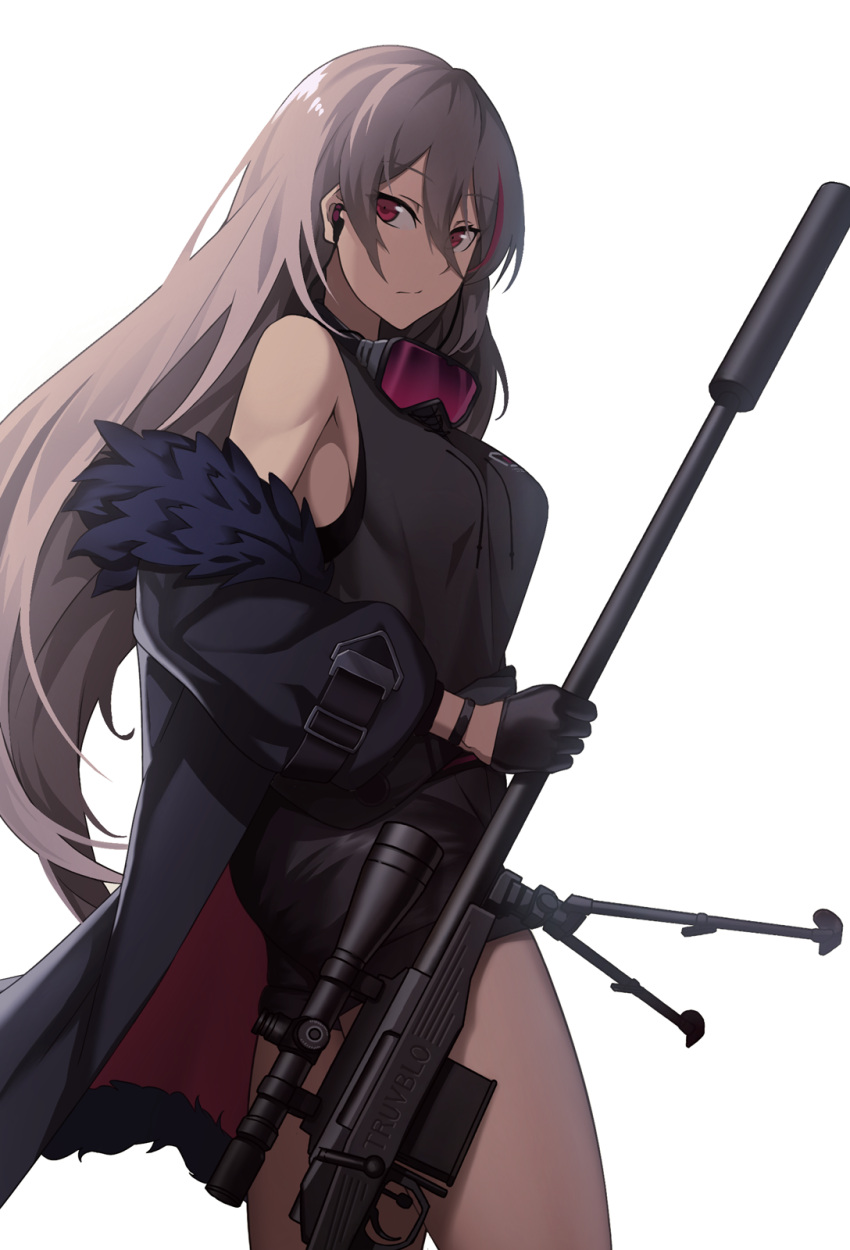 1girl bipod cero_(last2stage) cowboy_shot earphones earphones girls_frontline goggles goggles_around_neck gun highres holding holding_gun holding_weapon jacket long_hair rifle scope short_shorts shorts silver_hair sniper_rifle suppressor t-cms_(girls_frontline) thigh-highs truvelo_cms very_long_hair violet_eyes weapon