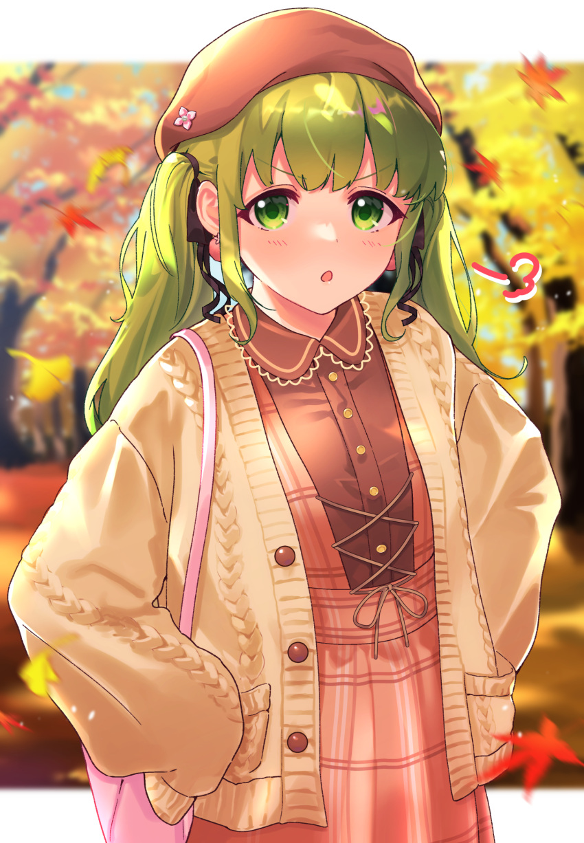 1girl autumn autumn_leaves bag bangs beret blurry blurry_background bow buttons coat dress eyebrows_visible_through_hair green_eyes green_hair hair_bow hair_ornament handbag hands_on_hips hat highres leaf long_hair long_sleeves maple_leaf morinaka_kazaki motion_blur nijisanji open_mouth plaid plaid_dress sidelocks sleeves_past_wrists solo tree twintails unionjack576 v-shaped_eyebrows virtual_youtuber