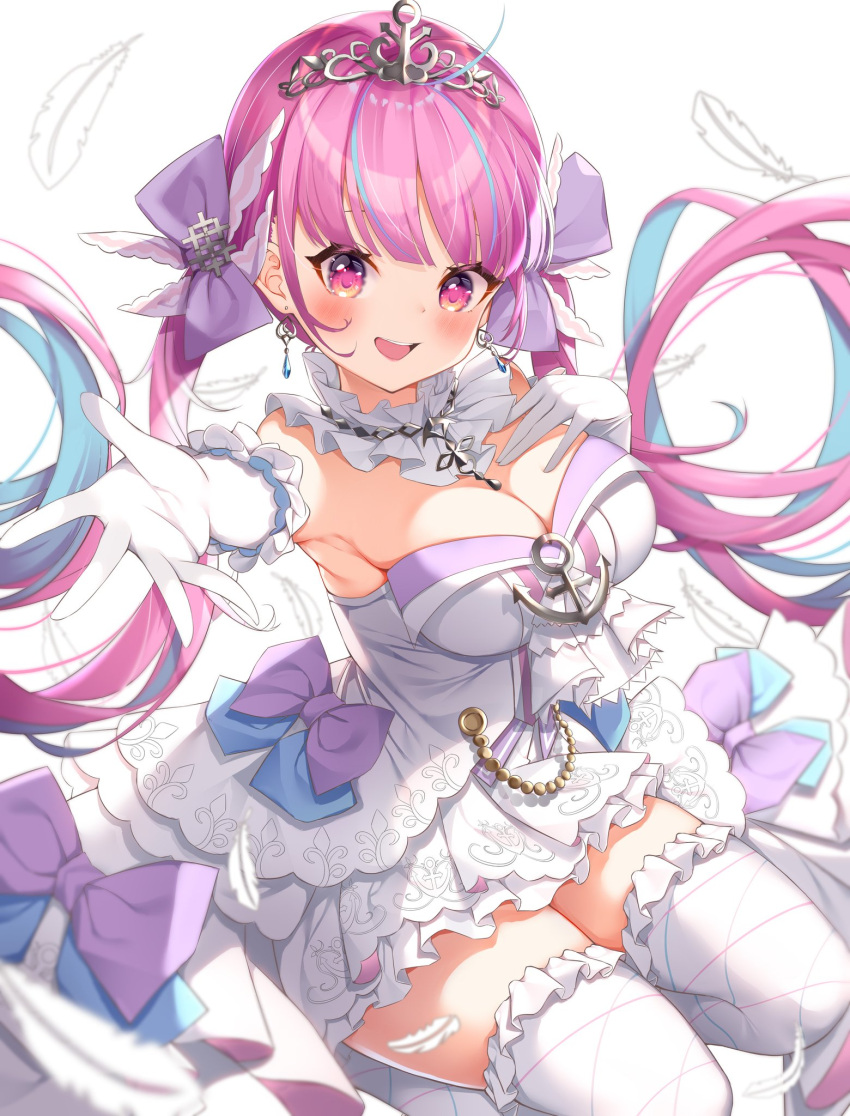 1girl anchor armpits blush breasts cleavage crown dress drill_hair earrings feathers hair_ornament highres hololive jewelry large_breasts long_hair looking_at_viewer minato_aqua open_mouth purple_hair ribbon simple_background sitting thigh-highs twin_drills wedding_dress white_background