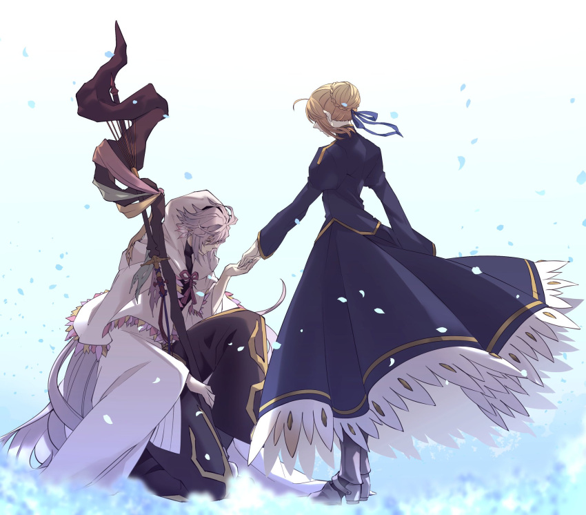 1boy 1girl ahoge artoria_pendragon_(all) bangs black_legwear blonde_hair blue_dress boots braid capelet cloak closed_eyes dress facing_to_the_side fate/grand_order fate_(series) hair_bun hair_ribbon highres holding holding_hands holding_staff hood kneeling long_hair looking_at_another looking_down merlin_(fate) metal_boots one_knee outstretched_arm petals ribbon robe saber short_hair sidelocks simple_background staff standing tmtm24787088 white_hair