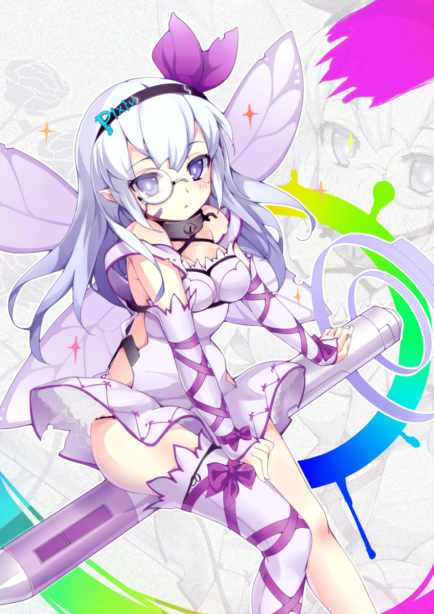 1girl asymmetrical_legwear bangs bare_shoulders breasts closed_mouth collar detached_sleeves dress eyebrows_visible_through_hair eyewear_on_head fairy fairy_wings hair_ornament highres long_hair looking_at_viewer monocle ootsuki_momiji original personification pixiv-tan pointy_ears purple_dress purple_legwear purple_wings sidelocks silver_hair solo straight_hair stylus thighs violet_eyes wings