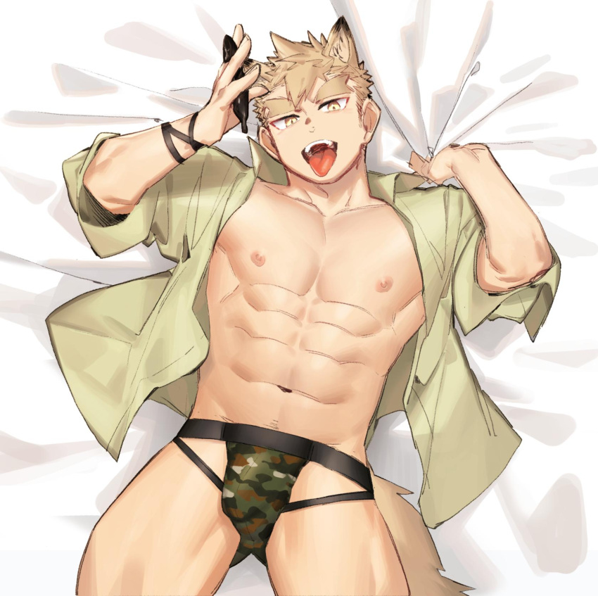 1boy abs animal_ear_fluff animal_ears bara bare_chest beige_shirt blonde_hair bulge camouflage camouflage_print chest cowboy_shot dog_boy dog_ears dog_tail gondom highres jockstrap lying male_focus muscle navel navel_hair nipples on_back original short_hair sideburns solo spiky_hair spread_legs tail thick_thighs thighs tongue tongue_out underwear undressing yellow_eyes