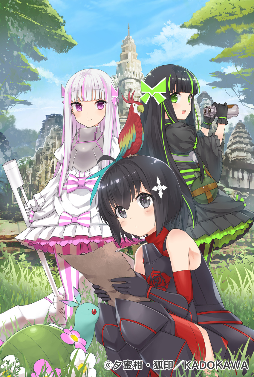 3girls :d ahoge animal_on_head armor armored_boots artist_name bangs bare_shoulders binoculars bird bird_on_head black_armor black_dress black_eyes black_footwear black_gloves black_hair blue_sky blunt_bangs blush bob_cut boots bottle bow bracer breastplate closed_mouth cover_image day detached_sleeves dot_nose dress eyebrows_visible_through_hair flower frilled_dress frilled_sleeves frills gloves gothic_lolita grass green_bow green_eyes green_hair hair_ornament hair_strand hammer highres holding holding_binoculars holding_hammer holding_paper holding_weapon huge_weapon itai_no_wa_iya_nano_de_bougyoryoku_ni_kyokufuri_shitai_to_omoimasu juliet_sleeves koin_(foxmark) layered_dress lolita_fashion long_hair long_sleeves looking_at_viewer looking_back maple_(bofuri) may_(bofuri) multicolored_hair multiple_girls official_art on_head open_mouth outdoors paper pink_bow pink_hair puffy_sleeves red_legwear shiny shiny_hair short_hair siblings sisters sky smile squatting standing streaked_hair striped striped_legwear syrup_(bofuri) thigh-highs thigh_boots thighhighs_under_boots turtle turtleneck twins two-tone_hair vertical-striped_legwear vertical_stripes very_long_hair violet_eyes water_bottle weapon white_dress white_hair wide_sleeves yui_(bofuri)