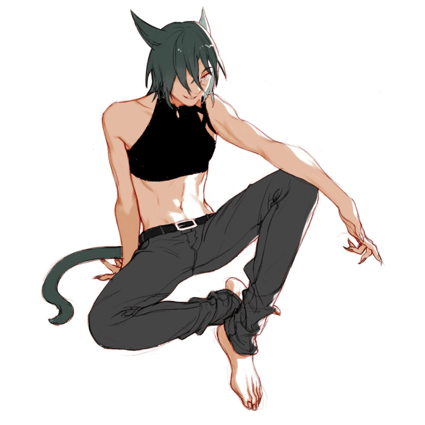1boy animal_ears bare_shoulders barefoot belt cat_ears cat_tail collarbone facial_mark final_fantasy final_fantasy_xiv fingernails green_eyes green_hair grey_background hair_over_one_eye highres long_fingernails male_focus midriff miqo'te misaq navel parted_lips sharp_fingernails simple_background sitting sketch smile solo tail toenails