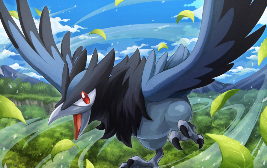 clouds commentary_request corvisquire day feathered_wings flying gen_8_pokemon hakuginnosora highres leaves_in_wind no_humans open_mouth outdoors pokemon pokemon_(creature) red_eyes sky solo talons tongue wind wings