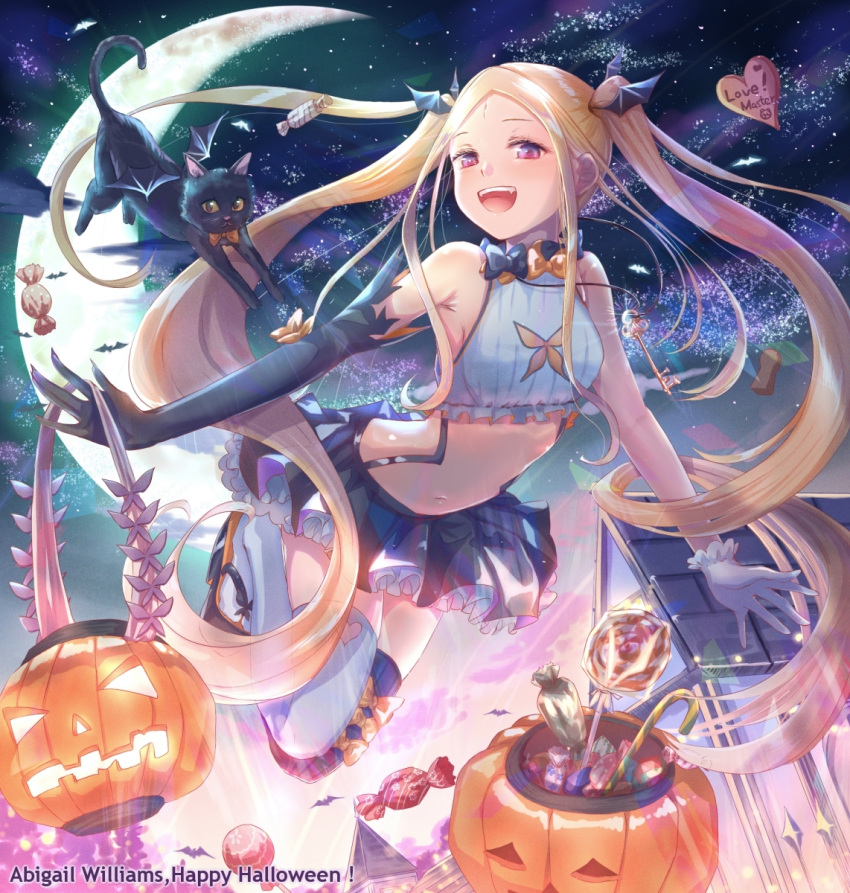 1girl abigail_williams_(fate/grand_order) bangs basket black_bow black_cat blonde_hair blue_eyes blush bow breasts candy cat crescent_moon fate/grand_order fate_(series) food forehead hair_bow happy_halloween highres jack-o'-lantern kinom_(sculpturesky) long_hair looking_at_viewer midriff moon multiple_bows navel night night_sky orange_bow parted_bangs sidelocks sky small_breasts suspenders thigh-highs twintails