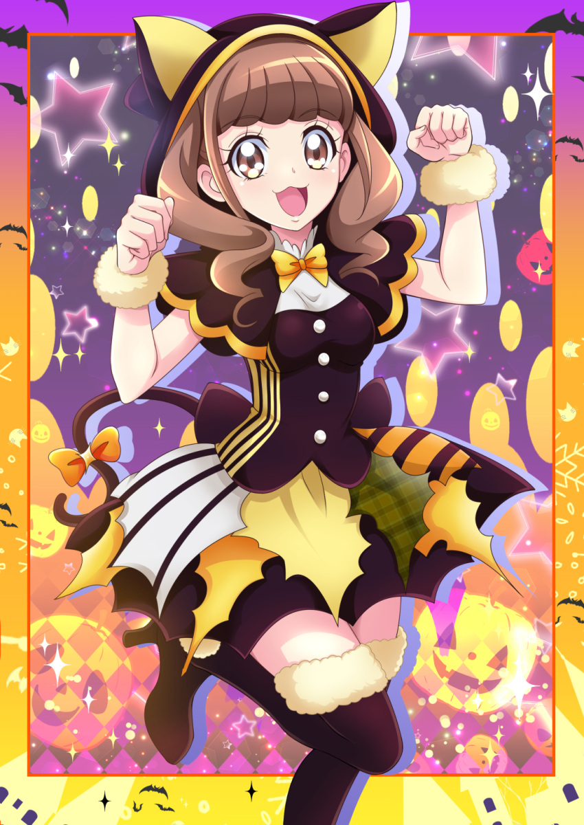 1girl :d animal_ears bangs black_capelet black_footwear blunt_bangs boots bow brown_eyes brown_hair capelet cat_ears cat_tail eyebrows_visible_through_hair fake_animal_ears fur_boots halloween halloween_costume hanzou healin'_good_precure high_heels highres hiramitsu_hinata hood hooded_capelet layered_skirt long_hair miniskirt open_mouth orange_bow precure shiny shiny_hair short_sleeves skirt smile solo standing standing_on_one_leg tail tail_bow thigh-highs thigh_boots twintails yellow_neckwear zettai_ryouiki