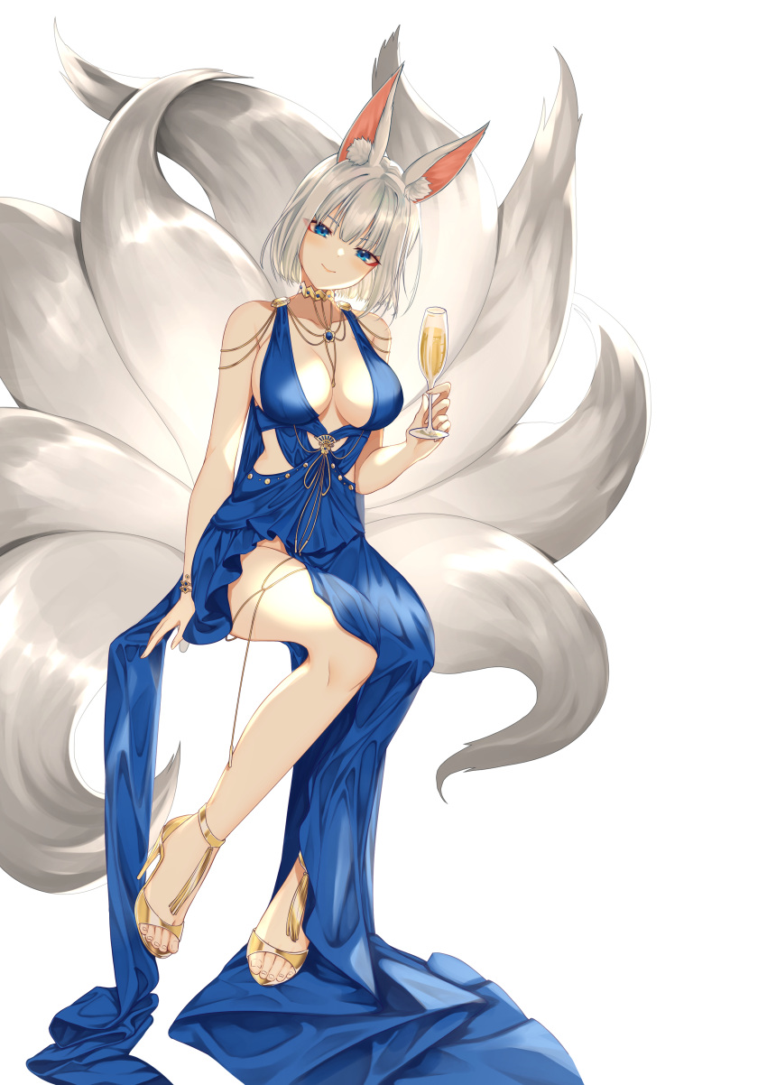 1girl absurdres alternate_costume animal_ear_fluff animal_ears azur_lane bangs bare_shoulders blue_dress blue_eyes blunt_bangs breasts champagne_flute closed_mouth collarbone cup dress drinking_glass eyeliner foreshortening fox_ears fox_tail gold_footwear half-closed_eyes hand_up high_heels highres holding holding_cup invisible_chair jewelry kaga_(azur_lane) kaga_(white-tailed_magnificence)_(azur_lane) kitsune kyuubi large_breasts looking_at_viewer makeup multiple_tails no_bra no_panties open_toe_shoes pelvic_curtain short_hair simple_background sitting sleeveless sleeveless_dress smile solo tail teltelhousi thighs white_background white_hair