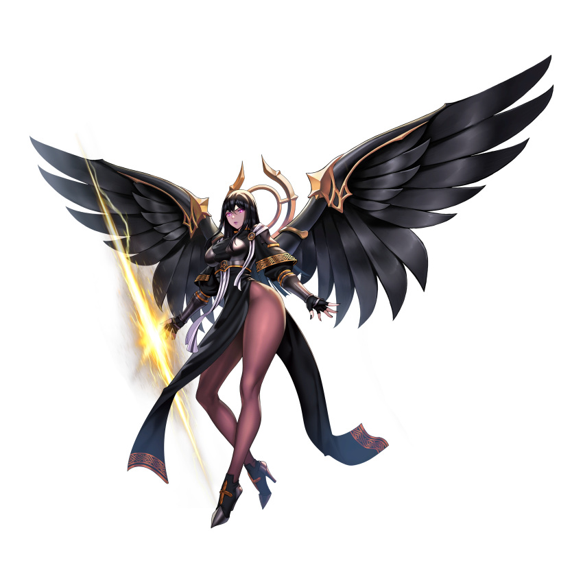 1girl absurdres ankle_boots black_dress boots breasts brown_legwear choney dress fingerless_gloves full_body gloves hair_between_eyes highres large_breasts last_origin long_hair looking_at_viewer official_art pantyhose pelvic_curtain saraqael_(last_origin) solo tachi-e violet_eyes wings