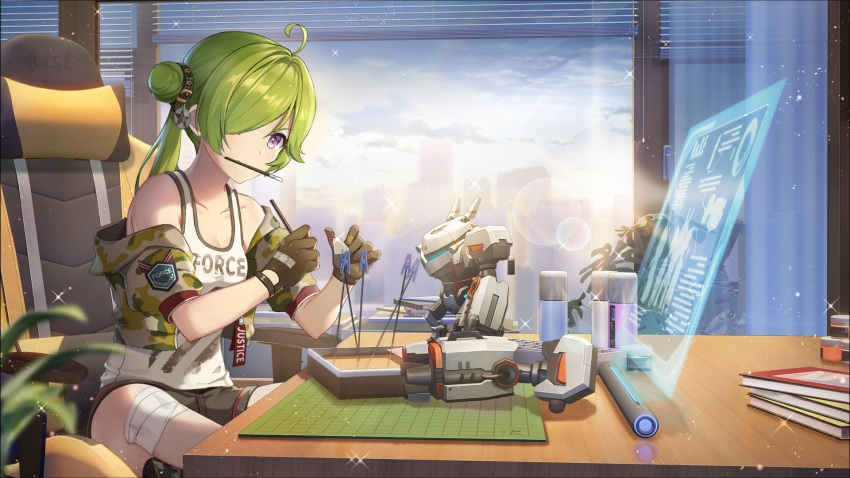 1girl ahoge bandaged_leg bandages bare_shoulders black_gloves black_shorts book breasts camouflage_jacket chair clothes_writing collarbone cropped_jacket day girl_cafe_gun gloves green_hair hair_bun hair_over_one_eye highres holding holographic_monitor indian_style indoors iritoa jacket long_hair mouth_hold nie_shirou_(girl_cafe_gun) off_shoulder office_chair official_art open_clothes open_jacket ponytail robot shirt short_shorts short_sleeves shorts side_bun sidelocks sitting sleeveless sleeveless_shirt small_breasts solo sunlight table tank_top violet_eyes white_shirt