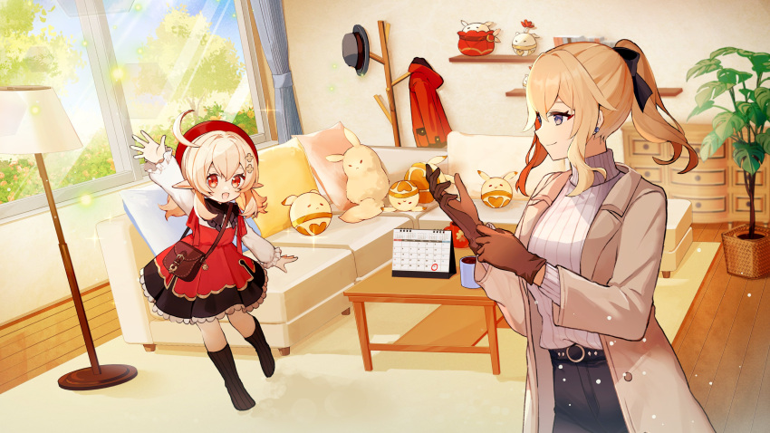 2girls absurdres adjusting_clothes adjusting_gloves alternate_costume arm_up belt black_belt black_pants black_socks blonde_hair brown_gloves closed_mouth coat dress full_body genshin_impact gloves grey_coat highres indoors jean_(genshin_impact) klee_(genshin_impact) long_hair long_sleeves looking_at_another looking_at_viewer merry-san multiple_girls official_art open_clothes open_coat open_mouth pants pointy_ears ponytail red_dress red_eyes red_headwear sidelocks smile socks sweater turtleneck turtleneck_sweater white_sweater