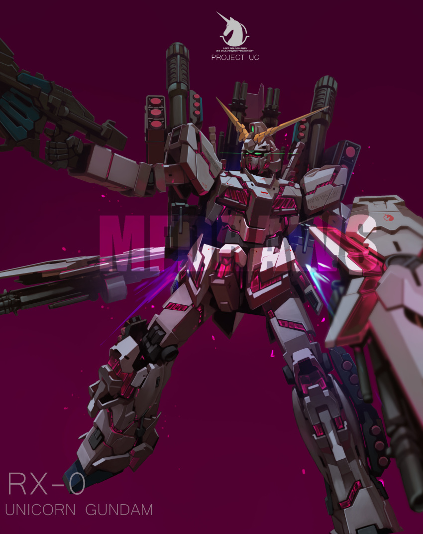 absurdres artist_name brayanong999 character_name floating full_armor_unicorn_gundam green_eyes gun gundam gundam_unicorn highres holding holding_gun holding_shield holding_weapon looking_ahead mecha missile_pod no_humans nt-d red_background shield solo unicorn_gundam v-fin watermark weapon