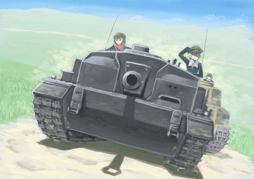 3girls blonde_hair blue_eyes brown_eyes brown_hair caesar_(girls_und_panzer) caterpillar_tracks clouds commentary_request day erwin_(girls_und_panzer) girls_und_panzer grass ground_vehicle hat hill isobe_noriko looking_to_the_side military military_vehicle motor_vehicle multiple_girls ooarai_military_uniform scarf short_hair smile sturmgeschutz_iii tank tank_destroyer traditional_media type_89_i-gou vent_arbre