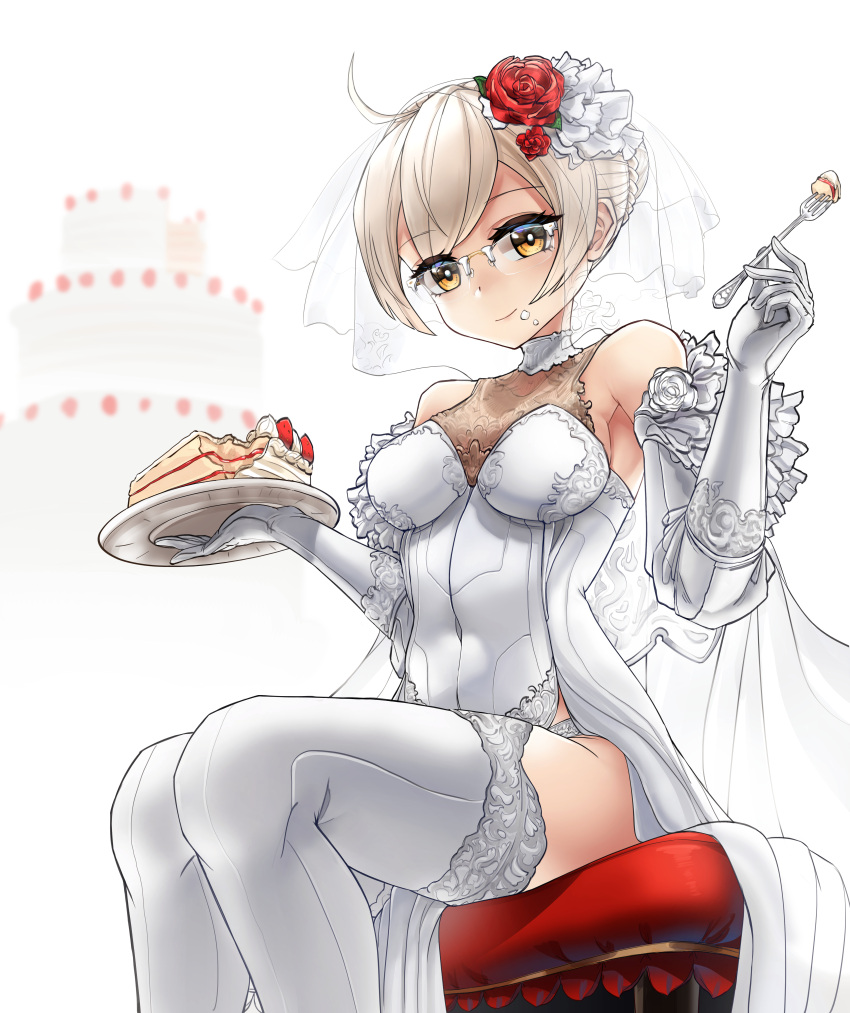 1girl absurdres ahoge alternate_costume artoria_pendragon_(all) blonde_hair braid breasts bridal_veil bride cake cake_slice casul covered_navel dress elbow_gloves fate/grand_order fate_(series) flower food food_on_face fork french_braid glasses gloves hair_bun hair_flower hair_ornament highres holding holding_fork holding_plate huge_filesize mysterious_heroine_x_(alter) panties pelvic_curtain plate red_flower red_rose rose side_slit sitting sleeveless sleeveless_dress small_breasts solo thigh-highs underwear veil wedding_cake wedding_dress white_dress white_gloves white_legwear white_panties yellow_eyes