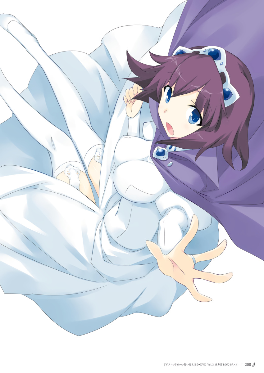 1girl cape dress henrietta_de_tristain highres looking_at_viewer noise_reduction official_art page_number princess purple_cape purple_hair reaching_out scan simple_background solo tiara usatsuka_eiji white_background white_dress white_legwear zero_no_tsukaima