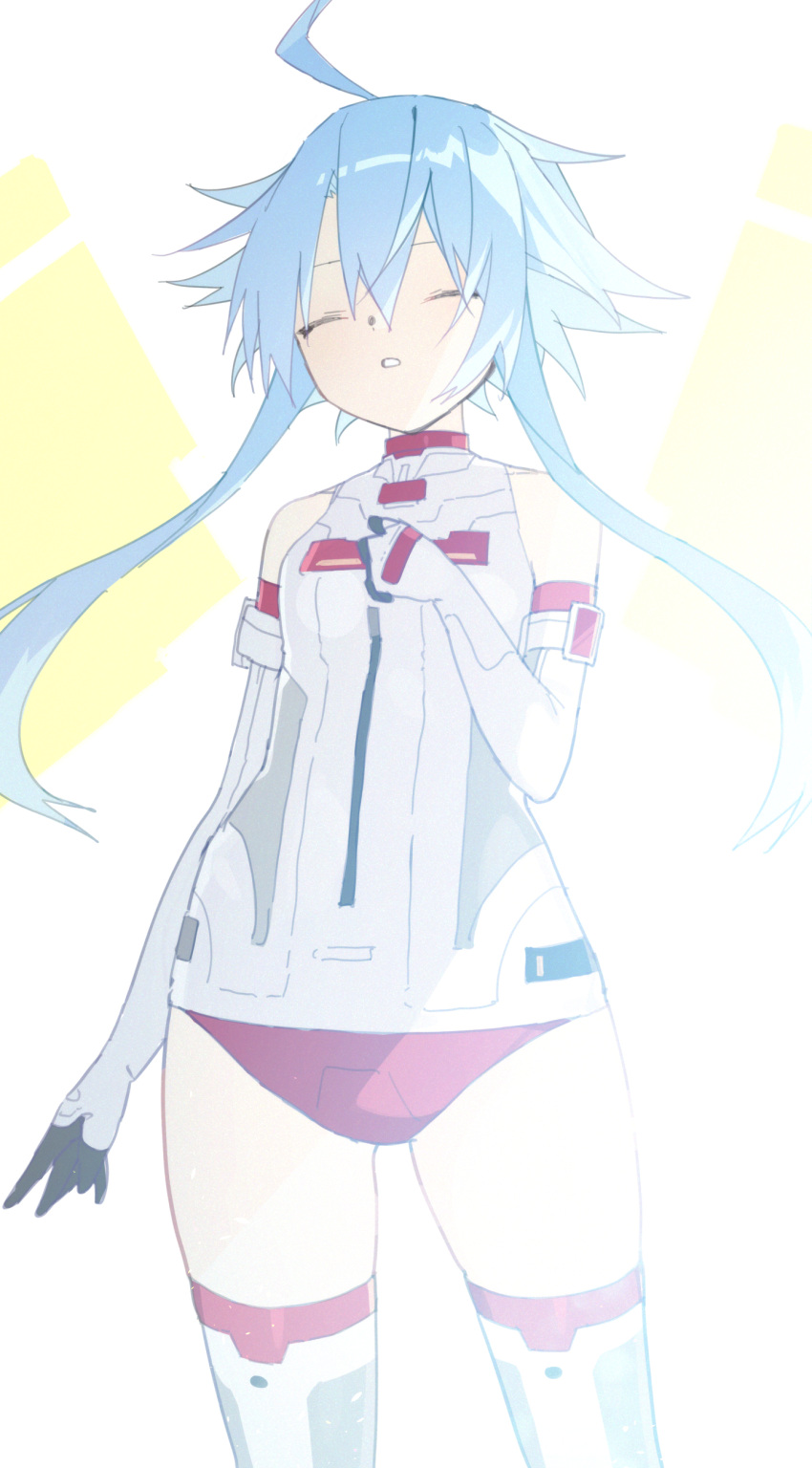 1girl absurdres ahoge bare_shoulders blue_hair buran_buta closed_eyes elbow_gloves gloves highres kami_jigen_game_neptune_v leotard neptune_(series) short_hair short_hair_with_long_locks solo thigh-highs white_heart