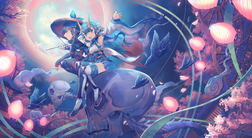 2girls :d armored_boots armpits arms_up bangs bare_shoulders bird blue_eyes blue_hair blue_nails blunt_bangs boots cherry_blossoms closed_mouth clouds detached_sleeves dress ear_piercing ears fang fingernails hair_between_eyes hat highres horns lamp lantern long_hair looking_at_viewer moon multiple_girls night night_sky nose open_mouth original paper_lantern petals piercing pipe pointy_ears scenery shichigatsu shoes sitting sitting_on_object skull sky smile thigh-highs tree tree_branch zettai_ryouiki