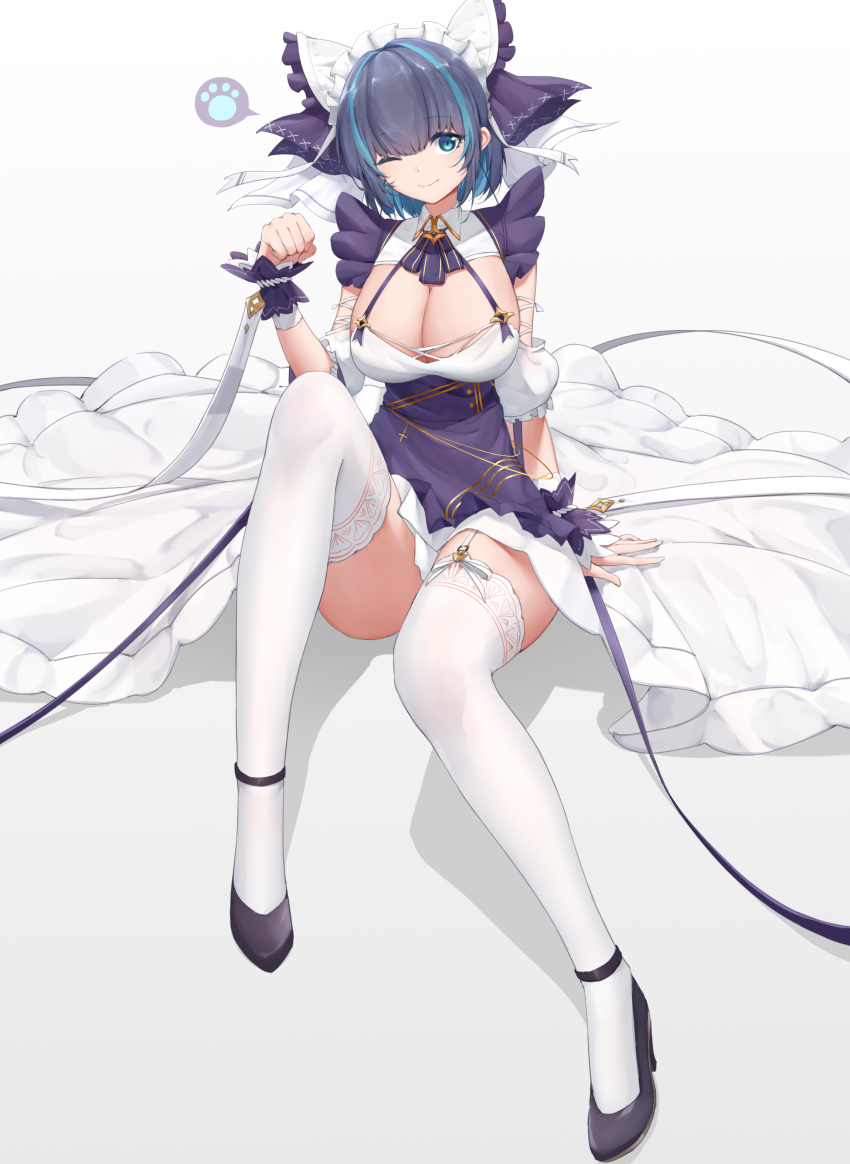 1girl ;) absurdres animal_ears aqua_eyes arm_at_side arm_garter azur_lane bangs black_hair blunt_bangs blush breasts cheshire_(azur_lane) closed_eyes closed_mouth commentary_request detached_sleeves dress eyebrows_visible_through_hair fake_animal_ears frilled_headband frilled_ribbon frills garter_straps gradient gradient_background green_hair hand_up headdress highres kafeifeifeifeifeifei_jiemo_jun large_breasts long_ribbon looking_at_viewer maid maid_dress maid_headdress multicolored multicolored_clothes multicolored_dress multicolored_hair one_eye_closed paw_pose puffy_detached_sleeves puffy_sleeves purple_apron ribbon short_hair sitting sleeveless smile solo streaked_hair thigh-highs white_legwear white_ribbon wrist_cuffs