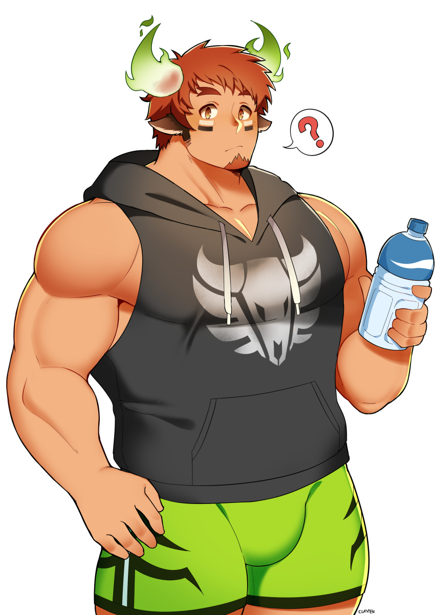 1boy ? absurdres animal_ears bangs bara bare_shoulders beard brown_hair bulge chest clayten facial_hair forked_eyebrows glowing_horns highres horns looking_at_viewer male_focus muscle pectorals sleeveless solo thick_eyebrows tokyo_houkago_summoners upper_body wakan_tanka