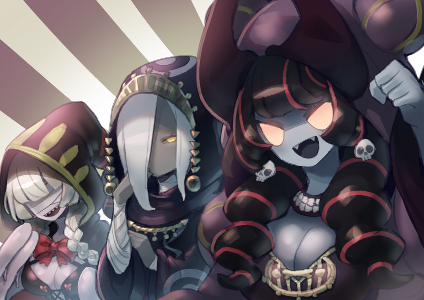 3girls :d absurdres bandages bandages_over_eyes black_hair bow bowtie breasts covered_eyes dress drill_hair fangs grey_skin hair_over_one_eye hand_up hat highres hood hood_up hooded_robe kuda_(okame_nin) large_breasts looking_at_viewer multicolored_hair multiple_girls no_mouth no_pupils okame_nin one_eye_covered open_mouth original purple_skin red_neckwear redhead robe sharp_teeth smile streaked_hair striped striped_background teeth tentacles twin_drills upper_teeth white_hair yellow_eyes