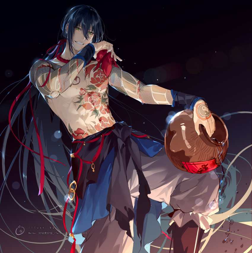 1boy arm_tattoo bangs black_background black_hair chest_tattoo fate/grand_order fate_(series) feet_out_of_frame gradient gradient_background green_eyes grey_background grey_pants grin hair_between_eyes hair_ribbon hand_tattoo hand_up highres holding jar leg_up long_hair looking_at_viewer low_ponytail male_focus pants ponytail red_neckwear red_ribbon ribbon rrr_(reason) shirtless smile solo spilling tattoo twitter_username very_long_hair water watermark weibo_username wet wrist_wrap yan_qing_(fate/grand_order) yin_yang