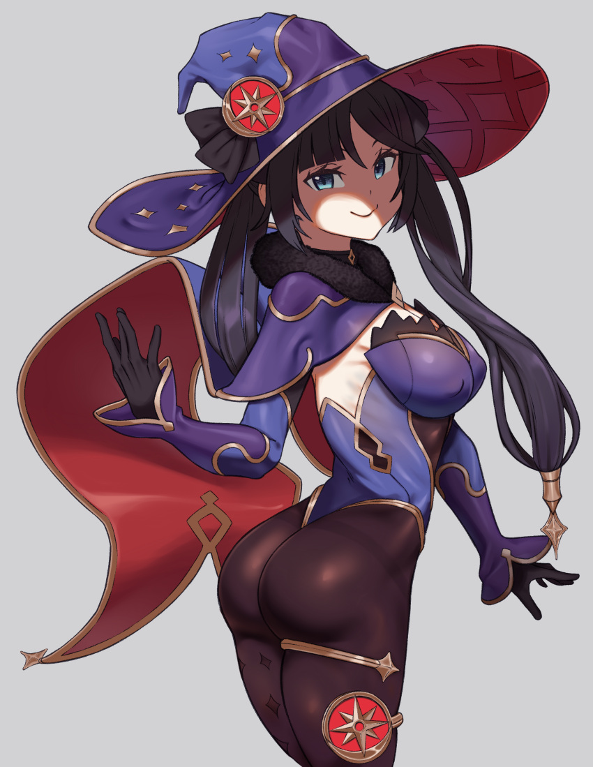 1girl absurdres aqua_eyes ass black_legwear breasts cape choker fur_trim genshin_impact gloves hair_ornament half-closed_eyes hat highres leotard looking_at_viewer looking_back mona_(genshin_impact) purple_hair smile snorkel14 thigh_strap thong_leotard twintails witch_hat