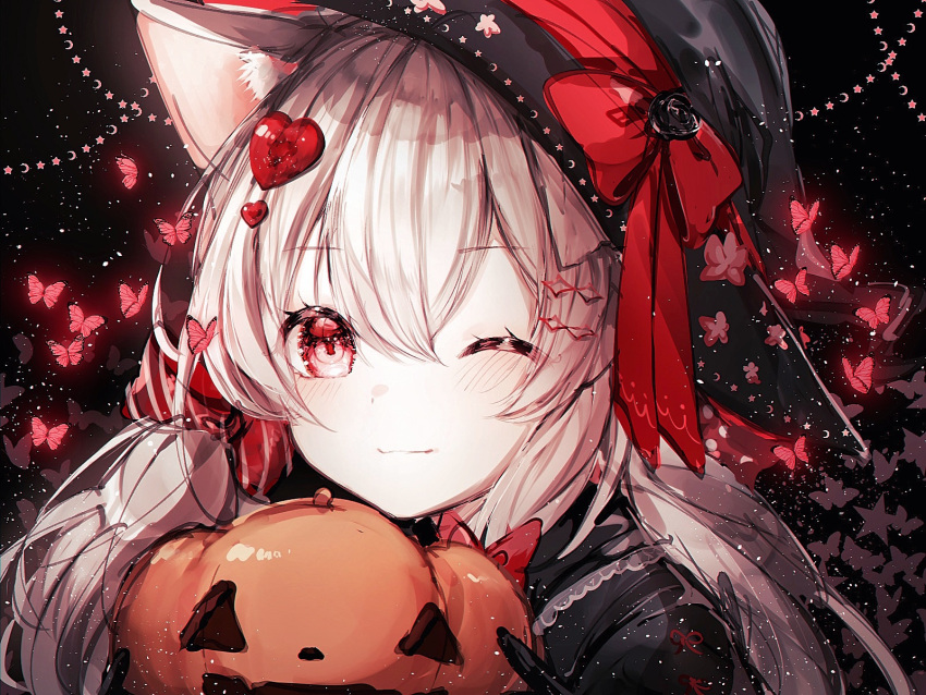 1girl animal_ears bangs black_background black_shirt blush bug butterfly cat_ears commentary_request eyebrows_visible_through_hair food hair_between_eyes hair_ornament halloween hat highres holding holding_food holding_pumpkin holding_vegetable insect light_particles looking_at_viewer noyu_(noyu23386566) one_eye_closed original pumpkin red_eyes shirt sidelocks simple_background twintails vegetable white_hair witch_hat
