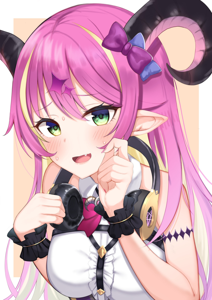 1girl absurdres arm_strap asymmetrical_horns bangs bare_shoulders blonde_hair blush bow bowtie breasts chest_harness commentary_request demon_girl demon_horns eyebrows_visible_through_hair green_eyes h3po4_chiba hair_ornament happy_birthday harness headphones headphones_around_neck highres hololive horn_bow horns large_breasts long_hair looking_at_viewer mano_aloe multicolored_hair open_mouth pink_hair pointy_ears shirt sleeveless sleeveless_shirt solo succubus sweat translation_request two-tone_hair virtual_youtuber wrist_cuffs