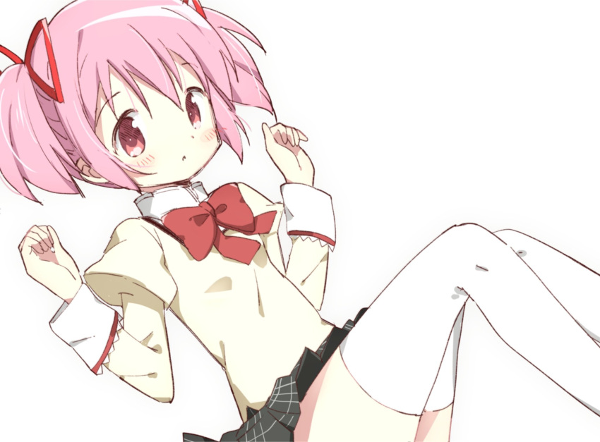 1girl arms_at_sides black_skirt blush_stickers breasts clenched_hands dot_nose dutch_angle expressionless eyebrows_visible_through_hair feet_out_of_frame floating_hair hair_between_eyes hair_ribbon hands_up high_collar highres juliet_sleeves kaname_madoka knees_together_feet_apart light_blush long_sleeves looking_at_viewer mahou_shoujo_madoka_magica mitakihara_school_uniform neck_ribbon parted_lips pink_eyes pink_hair plaid plaid_skirt pleated_skirt puffy_sleeves red_ribbon ribbon school_uniform shaded_face shiny shiny_hair short_twintails sidelocks simple_background skirt small_breasts solo thigh-highs thighs tsubaki_(tatajd) twintails uniform white_background white_legwear zettai_ryouiki
