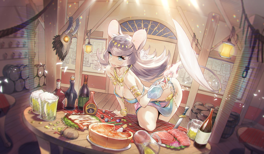 1girl :d alcohol animal_ears armlet barrel beef beer billboard blue_eyes bottle bracelet breasts coin coin_purse commentary_request dancer eyebrows_visible_through_hair fantasy food highres indoors jewelry knife lantern long_hair looking_at_viewer mole mole_on_breast mouse_ears necklace open_mouth original pie potion shazhiqiao silver_hair smile solo table upper_teeth vial