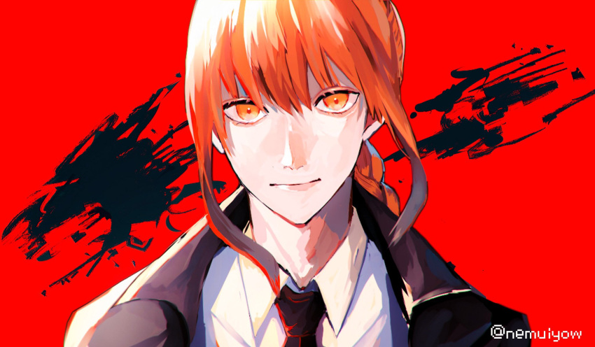 1girl bangs black_jacket black_neckwear braid braided_ponytail breasts brown_hair business_suit chainsaw_man collared_shirt eyes formal highres jacket long_sleeves looking_at_viewer makima_(chainsaw_man) medium_breasts medium_hair necktie neckwear nemuiyow orange_eyes red_background ringed_eyes shirt simple_background solo suit twitter_username upper_body