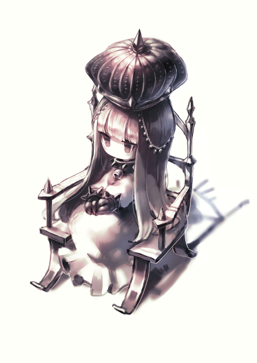 1girl absurdres bracelet chair collar dress eye_(okame_nin) hat highres jewelry jitome limited_palette long_dress muted_color neck_bell no_mouth okame_nin original simple_background sitting solo spiked_bracelet spiked_collar spikes white_background