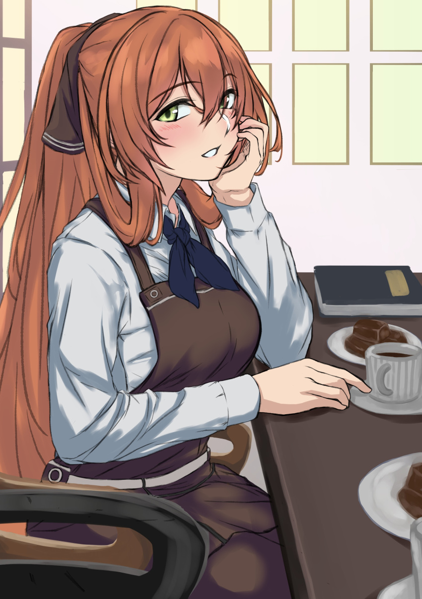 1girl 3_small_spiders absurdres apron bangs black_apron blue_neckwear blush book brown_hair chair collared_shirt commentary_request cup eyebrows_visible_through_hair girls_frontline green_eyes hair_between_eyes hair_ribbon hand_on_own_cheek high_ponytail highres long_hair looking_at_viewer m1903_springfield_(girls_frontline) mug parted_lips plate ribbon shirt sitting table white_shirt