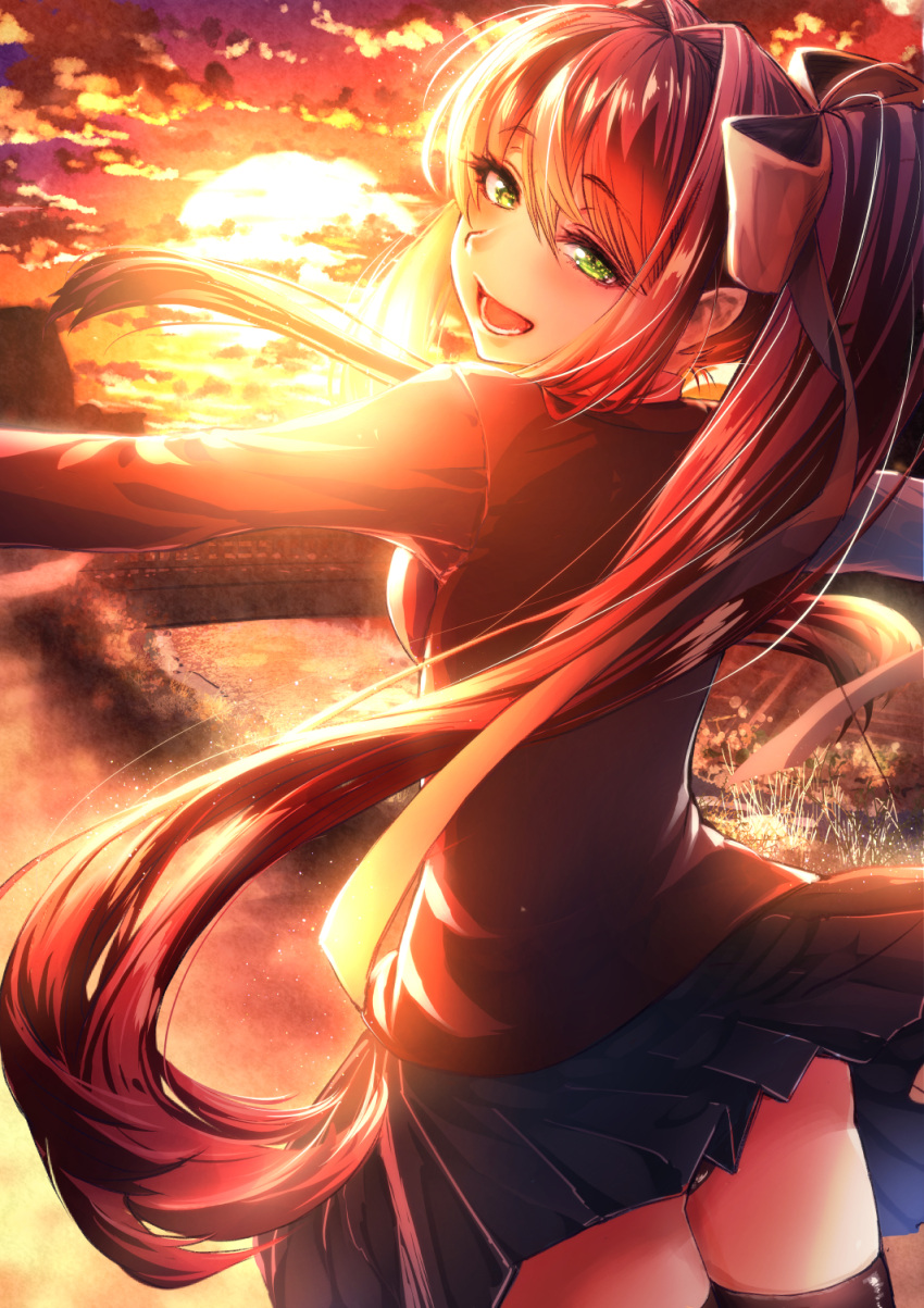 1girl arms_up ass backlighting bangs black_legwear black_panties blue_skirt blush breasts brown_hair brown_jacket clouds cluseller commentary_request cowboy_shot doki_doki_literature_club english_commentary eyebrows_visible_through_hair from_behind gradient_sky grass green_eyes hair_ribbon half-closed_eyes happy highres jacket light_blush long_hair long_sleeves looking_at_viewer looking_back medium_breasts miniskirt mixed-language_commentary monika_(doki_doki_literature_club) open_mouth orange_sky outdoors outstretched_arms panties panty_peek pleated_skirt ponytail ribbon shiny shiny_hair skirt skirt_lift sky smile solo spread_arms stairs standing sun sunset teeth thigh-highs tied_hair tongue underwear very_long_hair