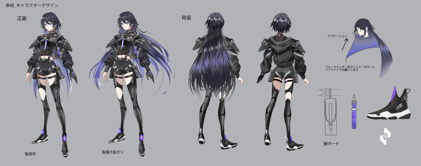 1girl absurdres arms_at_sides asymmetrical_clothes black_gloves black_hair blue_eyes blue_hair character_sheet choker earrings from_behind full_body gloves gradient_hair grey_background highres jewelry kamitsubaki_studio koko_(vtuber) multicolored_hair navel serious shoes short_shorts shorts single_glove sneakers solo standing swav thigh_pouch translation_request
