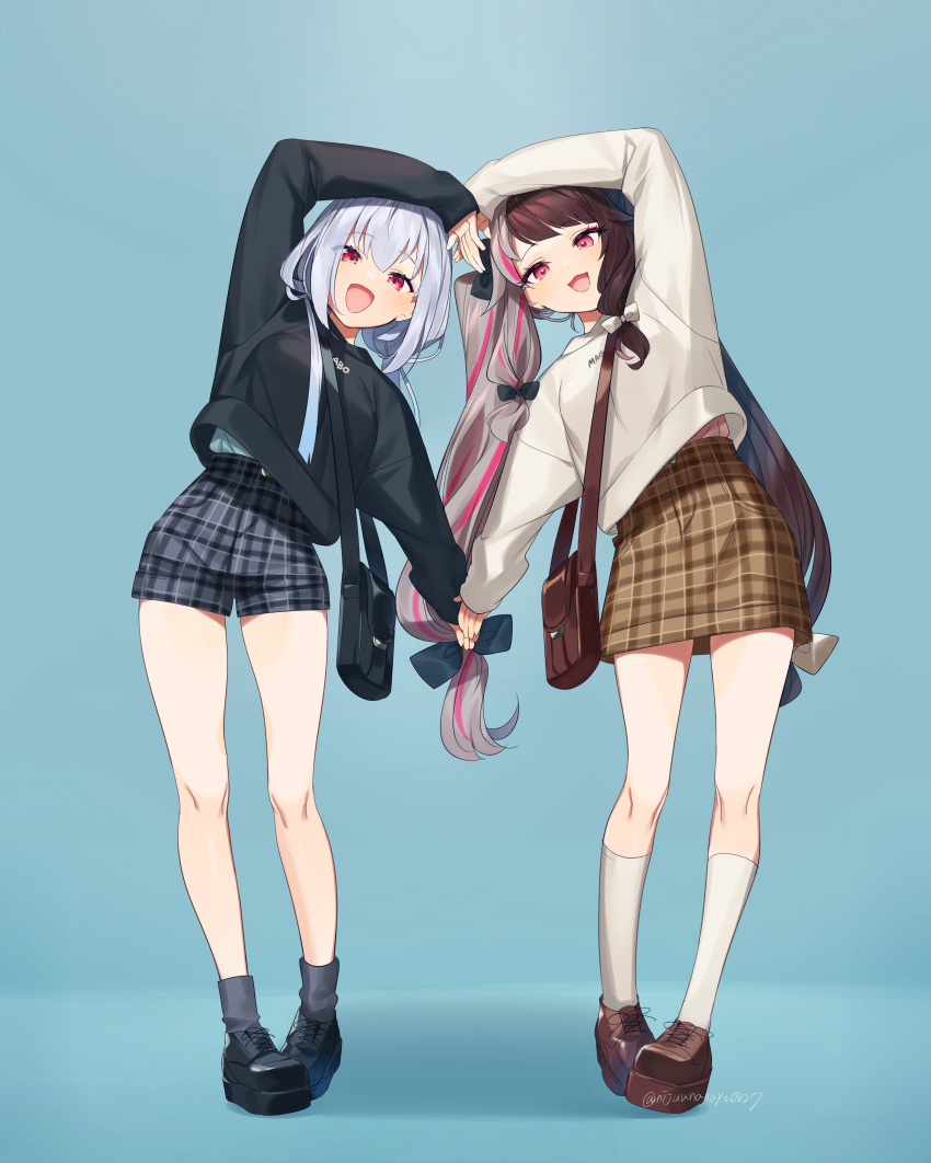 2girls :3 :d absurdres aqua_background bag bangs black_bow black_footwear black_sweater blue_legwear blue_shorts bow brown_footwear brown_hair brown_skirt clothes_writing eyebrows_visible_through_hair full_body grey_hair hair_bow hakase_fuyuki hands_together heart heart_arms heart_arms_duo high-waist_shorts high-waist_skirt highres kneehighs leaning_to_the_side long_hair long_sleeves looking_at_viewer miniskirt miyukiyo multicolored_hair multiple_girls nijisanji open_mouth pink_hair plaid plaid_shorts plaid_skirt platform_footwear red_eyes shoes shorts shoulder_bag sidelocks silver_hair simple_background skirt sleeves_past_wrists smile socks standing streaked_hair sweater twintails twitter_username two-tone_hair very_long_hair virtual_youtuber white_bow white_legwear white_sweater yorumi_rena