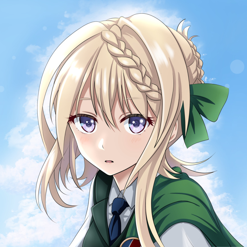 1girl badge blonde_hair blue_neckwear blue_sky blush braid braided_bangs braided_bun clouds cloudy_sky day dress_shirt eyebrows_visible_through_hair green_vest hair_between_eyes highres kantai_collection lips looking_at_viewer necktie open_mouth perth_(kantai_collection) portrait school_uniform shirt short_hair short_sleeves sky smile solo tk8d32 upper_body vest violet_eyes white_shirt