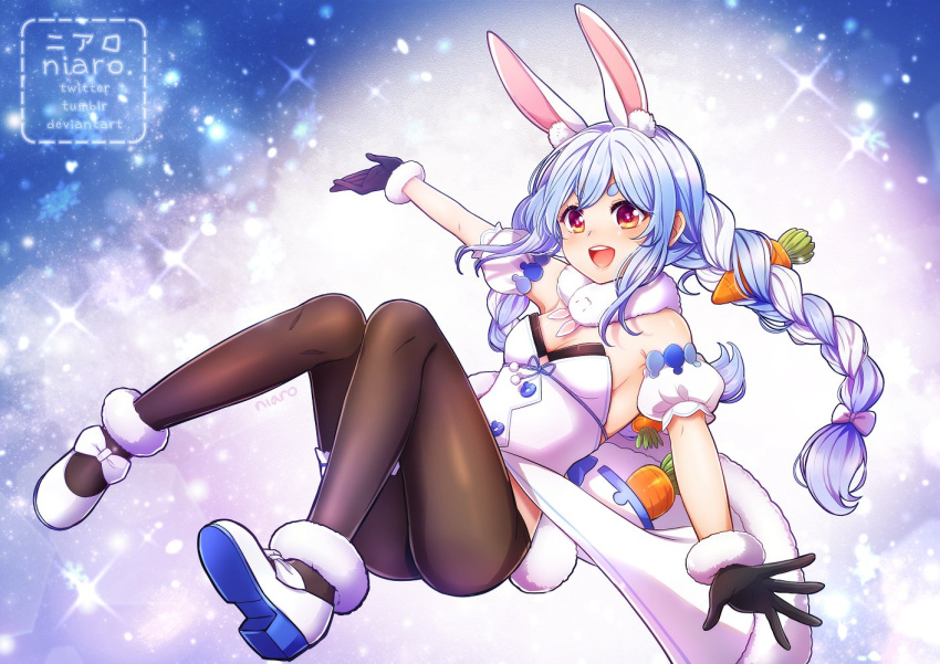 :d animal_ear_fluff animal_ears arm_garter black_bra black_gloves black_legwear blue_hair bra braid bunny-shaped_pupils carrot_hair_ornament coat creature detached_sleeves don-chan_(usada_pekora) extra_ears eyebrows food_themed_hair_ornament fur-trimmed_coat fur-trimmed_gloves fur_scarf fur_trim gloves gradient_eyes hair_ornament hikimayu hololive light_blush long_hair mary_janes multicolored multicolored_eyes multicolored_hair niaro open_mouth orange_eyes outstretched_arms pantyhose rabbit_ears rabbit_girl scarf shoes signature smile strapless twin_braids twintails two-tone_hair underwear upper_teeth usada_pekora v-shaped_eyebrows virtual_youtuber white_coat white_hair white_legwear yellow_eyes