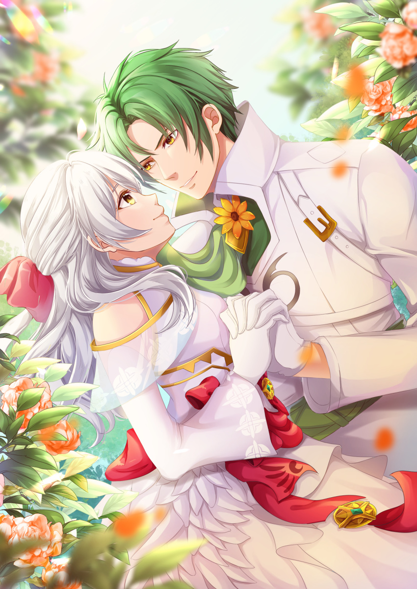 1boy 1girl absurdres bangle bare_shoulders bow bracelet bride couple detached_sleeves dress fire_emblem fire_emblem:_radiant_dawn fire_emblem_heroes flower frills gloves green_eyes green_hair grin hair_bow half_updo highres jewelry long_hair long_sleeves looking_at_another micaiah_(fire_emblem) silver_hair sleeveless sleeveless_dress smile sothe_(fire_emblem) tuxedo vaniraaa wedding wedding_dress white_dress white_gloves yellow_eyes