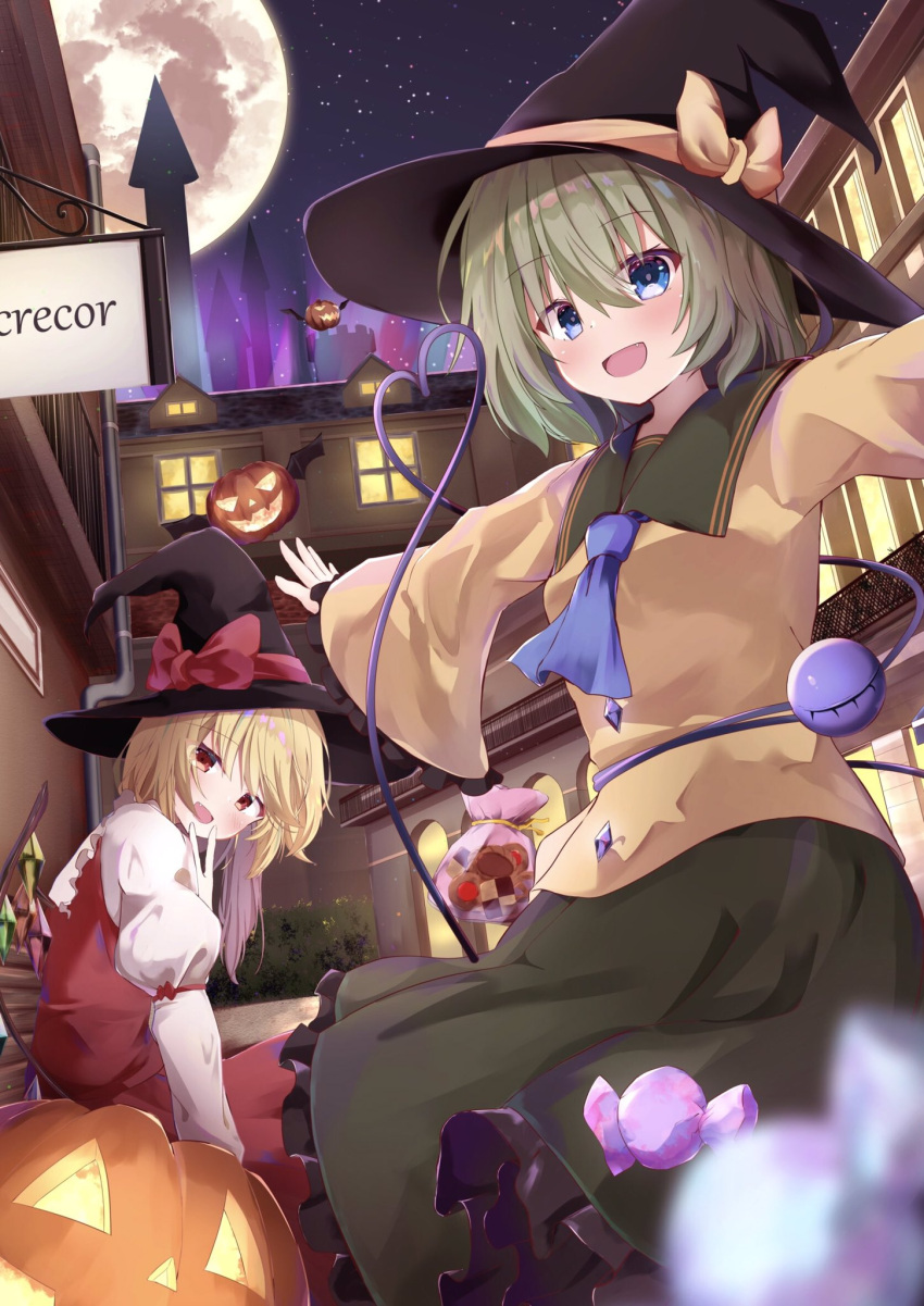 2girls :d ascot bat bat_wings blonde_hair blue_eyes blue_neckwear blush bow breasts building candy castle cowboy_shot crystal english_commentary eyeball flandre_scarlet food from_below from_side full_moon green_hair green_skirt hat hat_bow head_tilt heart heart_of_string highres jack-o'-lantern juliet_sleeves kirikaze_ren komeiji_koishi long_sleeves looking_at_viewer moon multiple_girls night night_sky open_mouth outstretched_arms pastry pastry_bag petticoat puffy_sleeves red_bow red_eyes red_skirt red_vest shirt short_hair sitting skirt sky small_breasts smile spread_arms star_(sky) symbol_commentary third_eye touhou vest wide_sleeves window wings witch_hat yellow_bow yellow_shirt