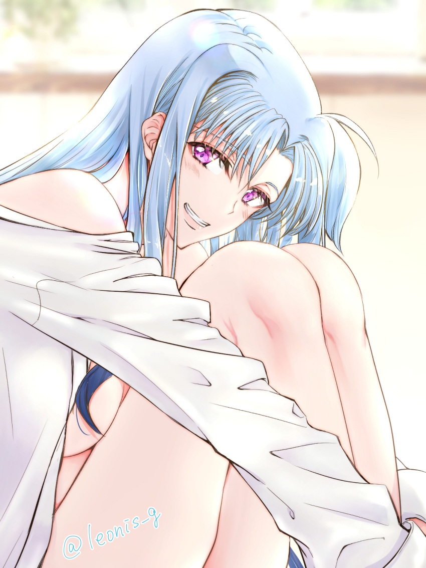 1girl absurdres bare_shoulders blue_hair blush breasts commentary_request highres large_breasts leonis_g long_hair looking_at_viewer lyrical_nanoha mahou_shoujo_lyrical_nanoha mahou_shoujo_lyrical_nanoha_a's mahou_shoujo_lyrical_nanoha_a's_portable:_the_battle_of_aces material-l naked_shirt open_clothes open_shirt shirt sitting smile solo twitter_username violet_eyes white_shirt