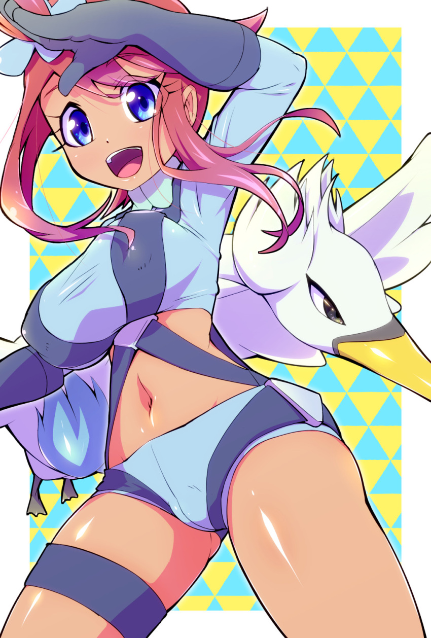 1girl :d ass_visible_through_thighs bangs blue_background blue_eyes blue_gloves blue_jacket blue_shorts breasts commentary_request covered_nipples cowboy_shot cropped_jacket eyebrows_visible_through_hair gen_5_pokemon gloves groin gym_leader hair_between_eyes hair_ornament highres holster jacket large_breasts long_sleeves looking_at_viewer midriff navel open_mouth pokemon pokemon_(creature) pokemon_(game) pokemon_bw redhead ryuuta_(cure_ryuuta) salute short_shorts shorts sidelocks skyla_(pokemon) smile solo_focus standing swanna swept_bangs taut_clothes thigh_strap two-tone_background upper_teeth yellow_background