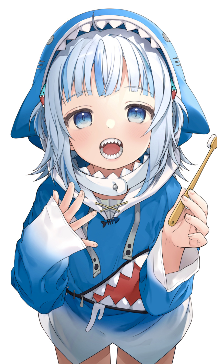 1girl absurdres animal_hood blue_eyes blue_hair blue_hoodie commentary cowboy_shot eyebrows_visible_through_hair fangs gawr_gura hair_ornament highres holding holding_toothbrush hololive hololive_english hood hoodie looking_at_viewer multicolored_hair open_mouth shark_hair_ornament shark_hood sharp_teeth short_hair short_twintails silver_hair simple_background sleeves_past_wrists solo streaked_hair tate_yukimi teeth toothbrush twintails two-tone_hair virtual_youtuber white_background
