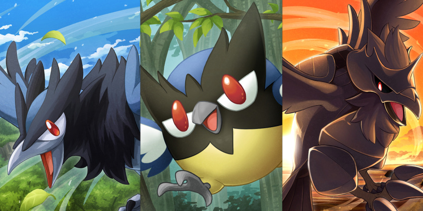 clouds commentary_request corviknight corvisquire day forest gen_8_pokemon hakuginnosora highres leaves_in_wind nature no_humans open_mouth outdoors pokemon pokemon_(creature) red_eyes rookidee sky talons tongue tree twilight