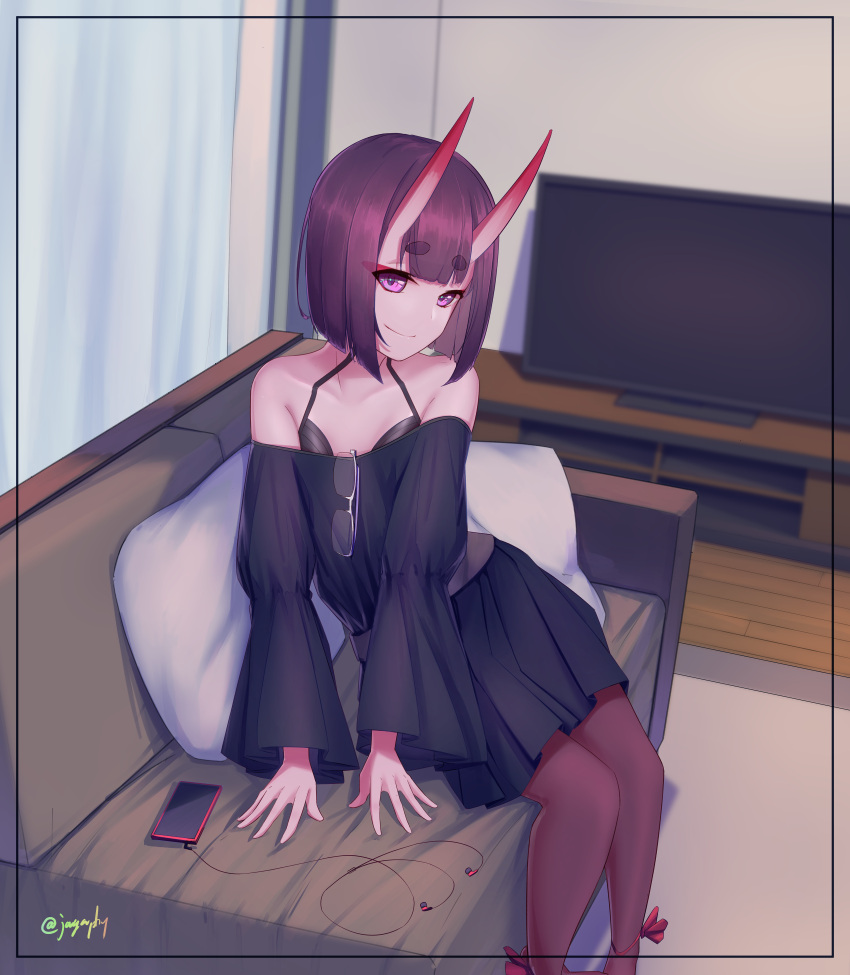 1girl absurdres bangs bare_shoulders black_dress blush bob_cut breasts cellphone contemporary couch dress fate/grand_order fate_(series) highres horns long_sleeves looking_at_viewer oni oni_horns pantyhose phone purple_hair sawarineko short_hair shuten_douji_(fate/grand_order) sitting skin-covered_horns small_breasts smile television violet_eyes