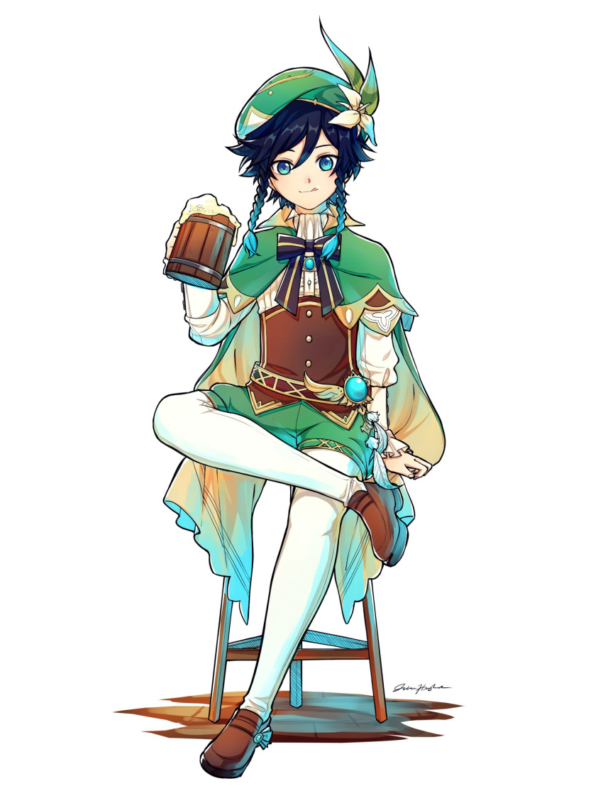 1boy alcohol bard beer beer_mug blue_eyes blue_hair braid cape chair cloak cup domagranate feathers flower genshin_impact gradient_hair green_headwear hat hat_flower highres holding holding_cup licking licking_lips long_sleeves looking_at_viewer male_focus mug multicolored_hair ornament ribbon shoes shorts signature simple_background smile solo stool tongue tongue_out twin_braids venti_(genshin_impact) vision_(genshin_impact) white_background