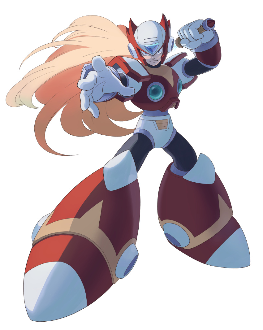 1boy absurdres android armor blonde_hair blue_eyes energy_sword fighting_stance full_body gloves helmet highres holding long_hair looking_at_viewer male_focus ponytail robot rockman rockman_x simple_background solo sword very_long_hair weapon white_background zero_(rockman)